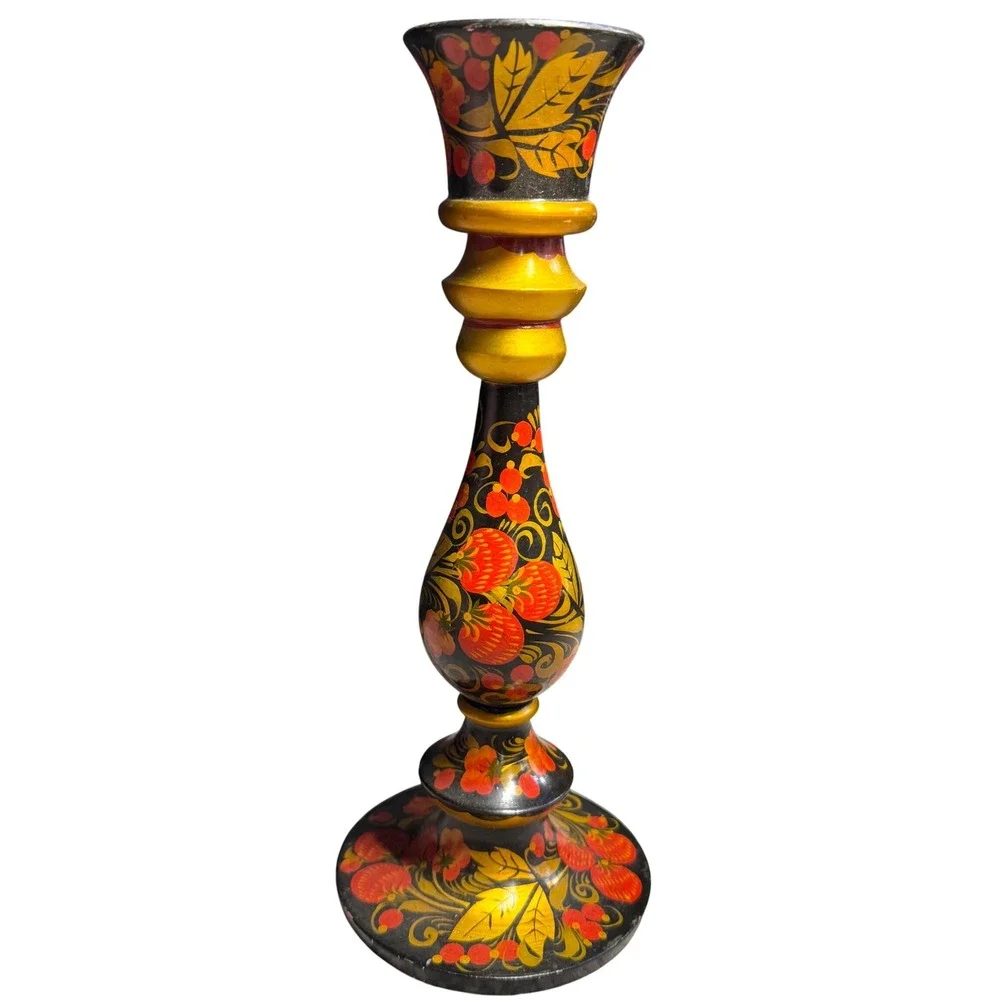 Vintage Russian Khokhloma Wood Candlestick Holder Hand Painted Floral Black Gold